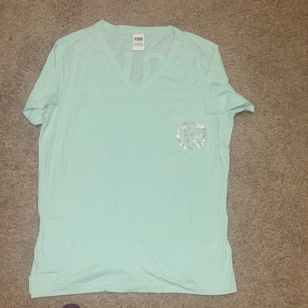 VS Pink Mint V-Neck Pocket Tee with Embellished Pocket Sequins